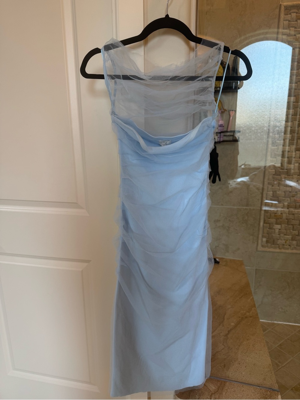 En Elly light Blue Sleeveless Sheath Dress with Draped Mesh Overlay